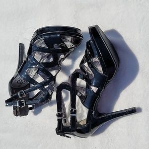 Daisy Fuentes 7.5 "carra" stiletto heels shiny black forefoot platform